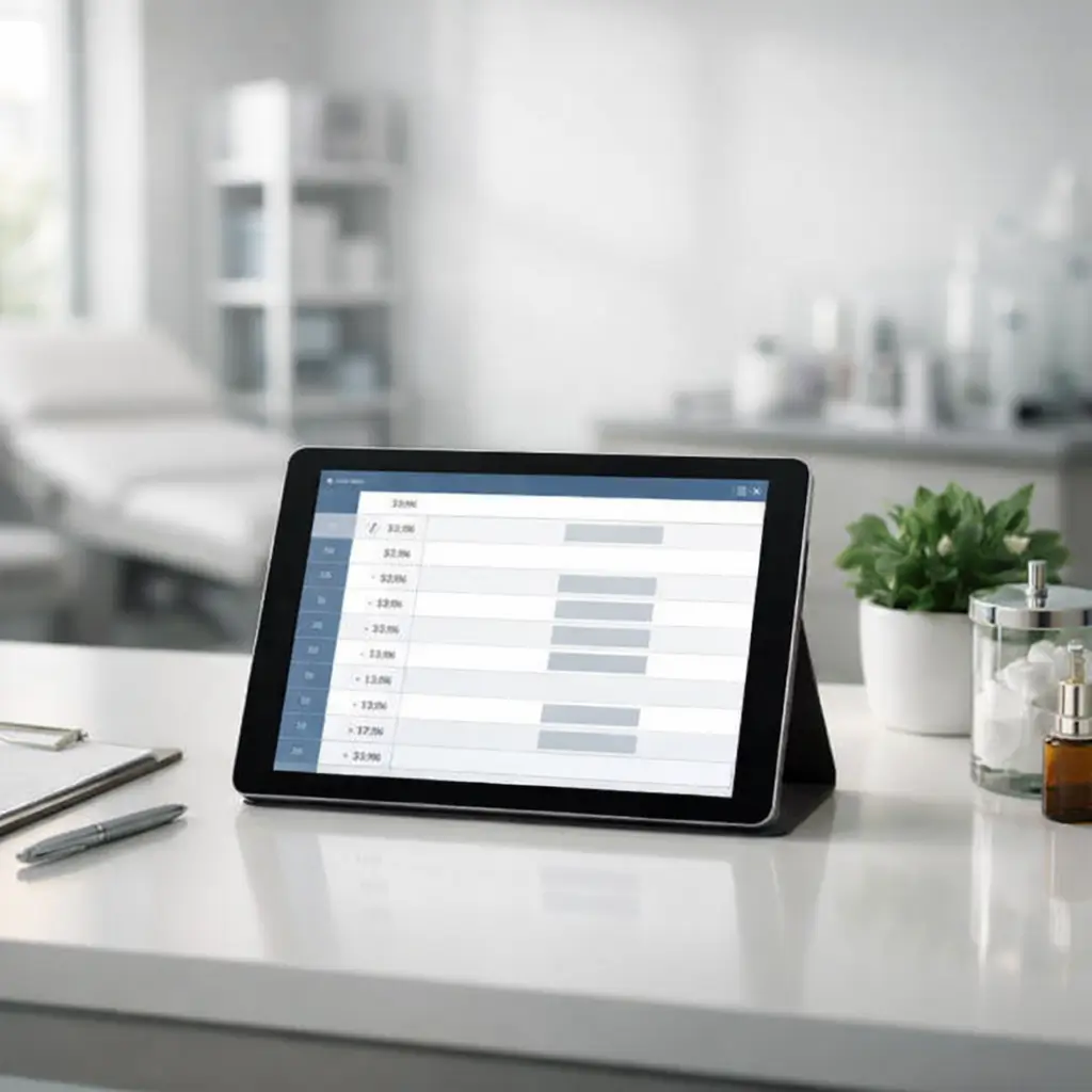 Tablet sobre balcão de clínica médica exibindo um software de agendamento digital com horários de pacientes organizados.