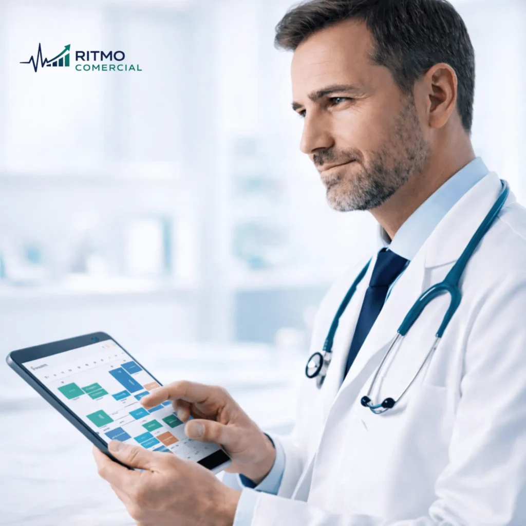 Um laptop exibindo um painel de CRM médico com cartões Kanban coloridos e gráficos, ao lado de um smartphone mostrando uma conversa de WhatsApp com um assistente de IA. Ambos estão sobre uma mesa de mármore branco com um estetoscópio e uma caneta, em um escritório clínico moderno e iluminado.