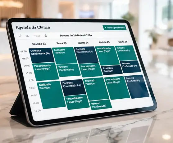 Tablet sobre um balcão de mármore em uma recepção de clínica de luxo, exibindo um software de agenda médica semanal completamente preenchida com blocos coloridos indicando "Consulta Confirmada (IA)" e "Procedimento Laser (Pago)", sem horários vagos.