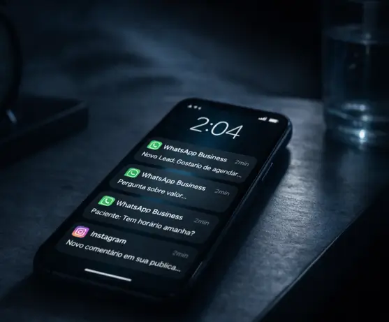 Smartphone sobre uma mesa de cabeceira às 2 da manhã em um quarto escuro. A tela iluminada mostra múltiplas notificações não lidas do WhatsApp Business e Instagram de pacientes querendo agendar horário ou perguntando preço fora do expediente comercial.