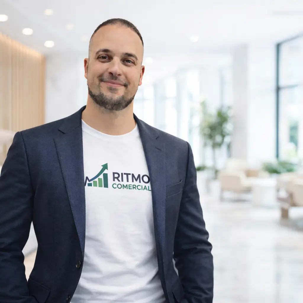 Michael Dougas, fundador do Ritmo Comercial, vestindo um blazer azul marinho sobre uma camiseta da marca, sorrindo em um saguão moderno e iluminado de uma clínica de alto padrão.